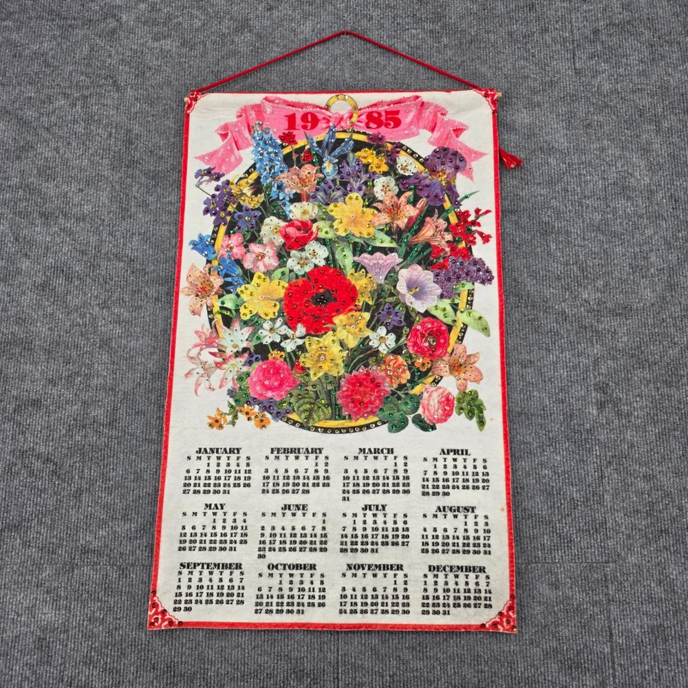 Vintage 1985 Columbia Minerva Sequin Floral Felt Wall Hanging Calendar Retro